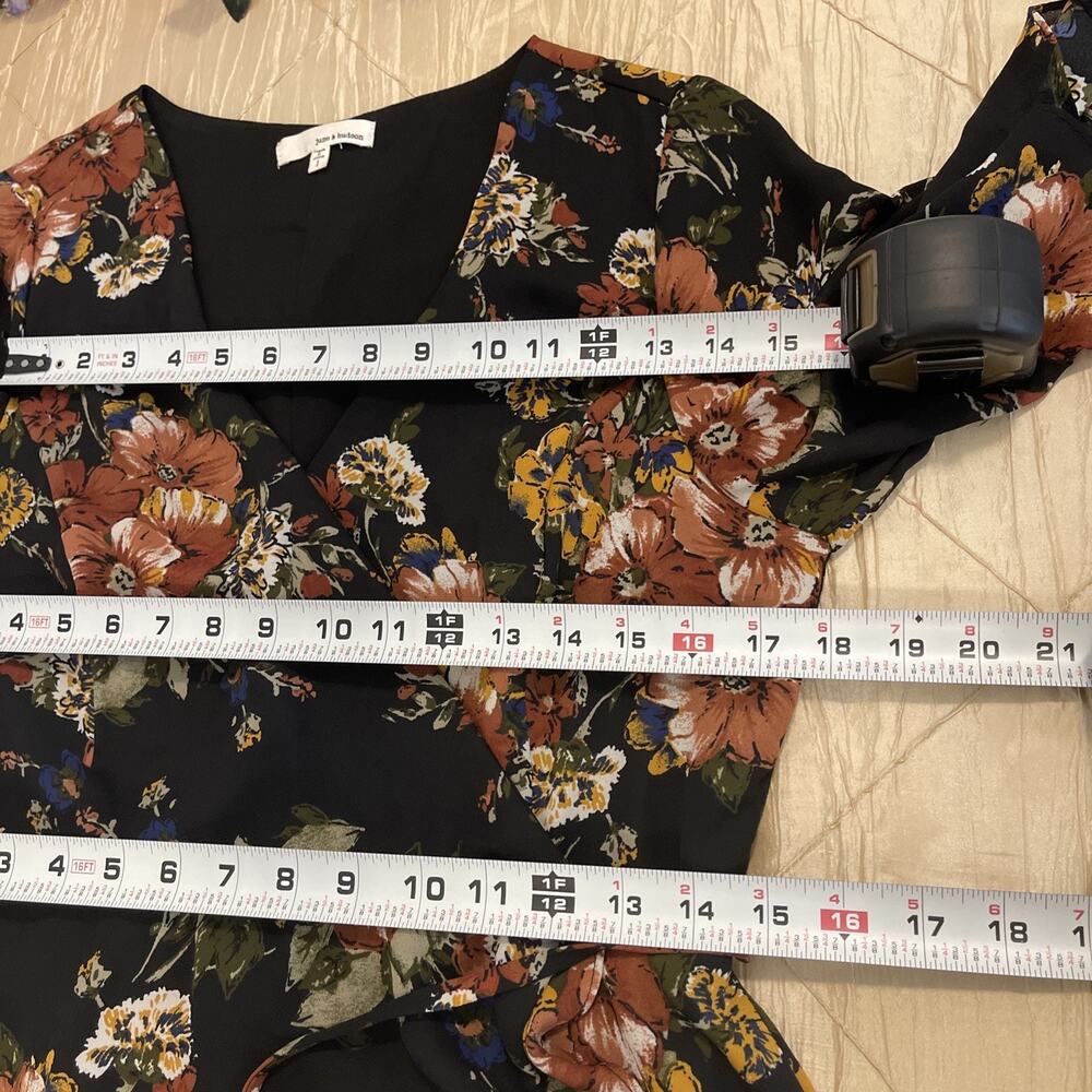 June & Hudson Floral Wrap Dress Women's Size L Black Ruffle Midi Boho V-Neck - Picture 10 of 13